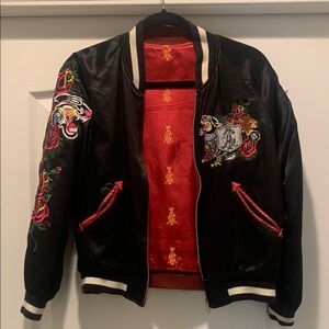 Rare Vintage Christian Audigier Embroidered Black Bomber Jacket with Red Lining